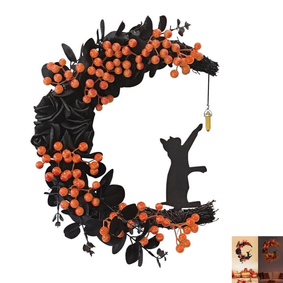 Black Cat Half-Moon Wreath with Black Rose & Berry, Crescent Moon Cat Gothic Wreath, Halloween Decorations, Spooky Halloween Wreath for Indoor Outdoor Porch Wall