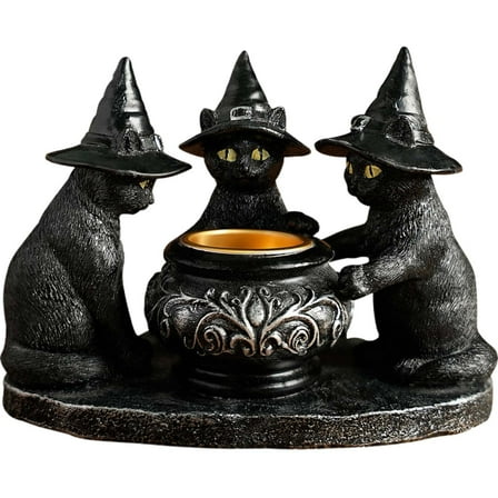 Black Cat Halloween Candle Holder - Witch Hat Tealight Candlestick with Decorative Cauldron, Gothic Resin Statue for Indoor Home, Desk, Party Centerpiece Decor