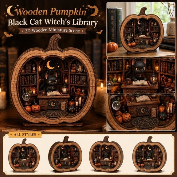 Black Cat Halloween Decor, Intricate 3D Micro Witch Study Scene with Warm Decorative Light Hints, As Charming Halloween Desk Decorations for Reading Nooks, Novelty Halloween