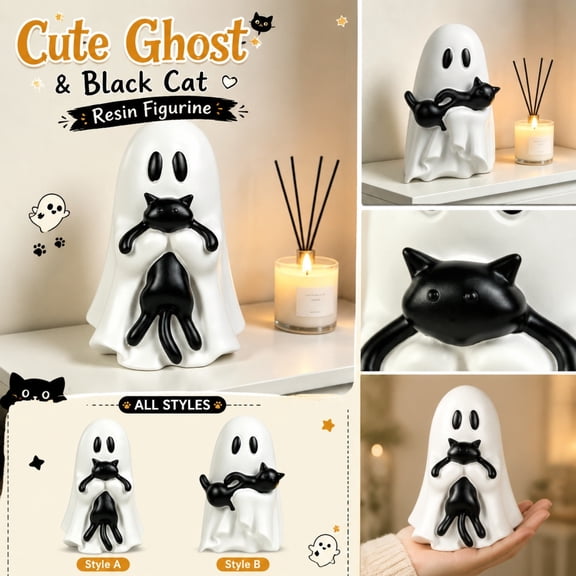 Black Cat Halloween Decor, Whimsical Ghost Cuddling Black Cat Statue, Indoor Halloween Table Decorations for Halloween Party Decorations for Adults, Quirky Table Top Decor and