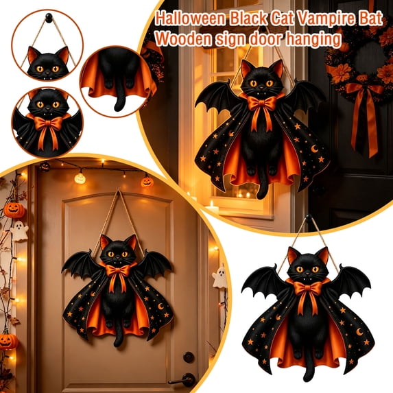 Black Cat Halloween Decor with Bat Wings, Spooky Hanging Halloween Decorations for Front Door, Gothic Wall Decor Wooden Door Hanger Sign (1 Pack)