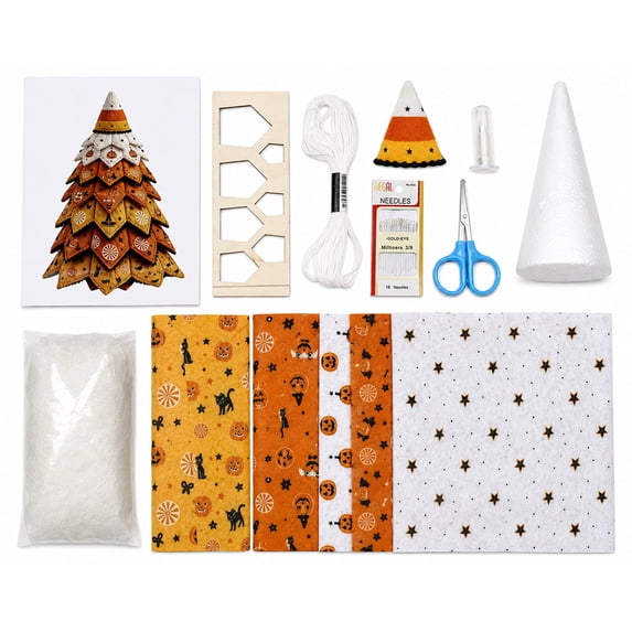 Black Cat Halloween Fabric Tree Craft Kit 7.48 Inch 3D Quilted Patchwork Sewing Set for Adults Beginners Holiday Tabletop Home Party Decor Gift