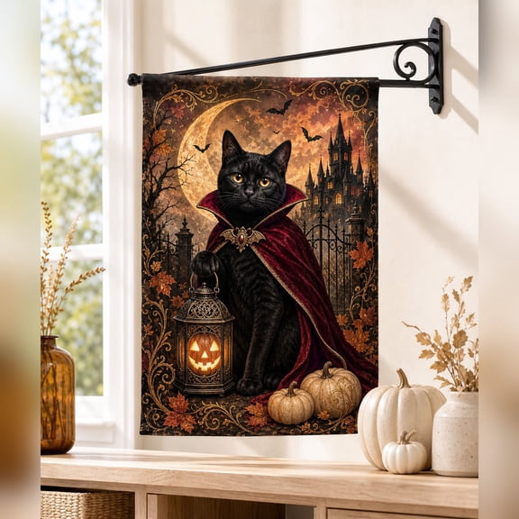Black Cat Halloween Garden Flag, Vampire Cat Gothic Yard Decor, Spooky Pumpkin Porch Flag, Witchy Outdoor Fall Decoration