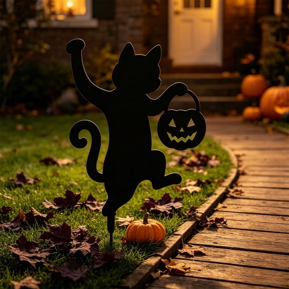 Black Cat Halloween Garden Stake, Metal Yard Sign with Pumpkin Bucket Theme for Outdoor Lawn Patio Flower Bed Spooky Seasonal Decor