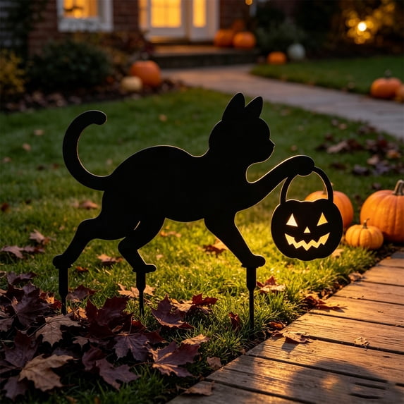 Black Cat Halloween Garden Stake, Metal Yard Sign with Pumpkin Bucket Theme for Outdoor Lawn Patio Flower Bed Spooky Seasonal Decor