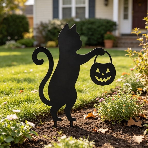 Black Cat Halloween Garden Stake, Metal Yard Sign with Pumpkin Bucket Theme for Outdoor Lawn Patio Flower Bed Spooky Seasonal Decor