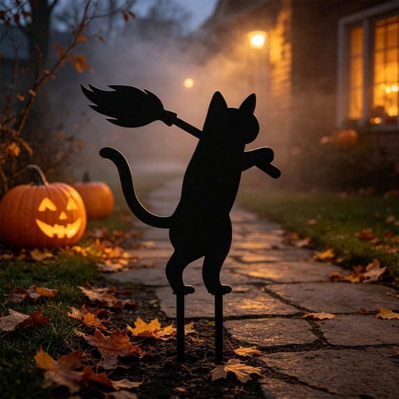 Black Cat Halloween Garden Stake, Metal Yard Sign with Pumpkin Bucket Theme for Outdoor Lawn Patio Flower Bed Spooky Seasonal Decor