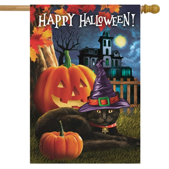 Black Cat Halloween Hat House Flag Jack O'Lantern Spooky 28"x40" Briarwood Lane