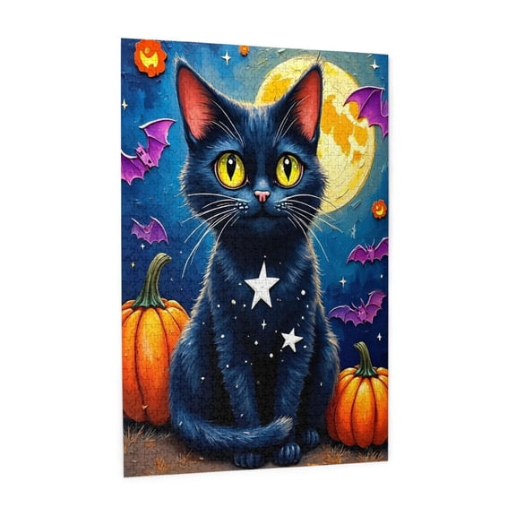 Black Cat Halloween Jigsaw Puzzles 1000 Pieces for Adults Magic Cat Pumpkin Puzzle for Adults with Letters on Back Hard Impossible Difficult Challenging Family Puzzle