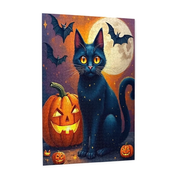 Black Cat Halloween Jigsaw Puzzles 1000 Pieces for Adults Magic Cat Pumpkin Puzzle for Adults with Letters on Back Hard Impossible Difficult Challenging Family Puzzle