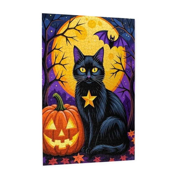 Black Cat Halloween Jigsaw Puzzles 1000 Pieces for Adults Magic Cat Pumpkin Puzzle for Adults with Letters on Back Hard Impossible Difficult Challenging Family Puzzle