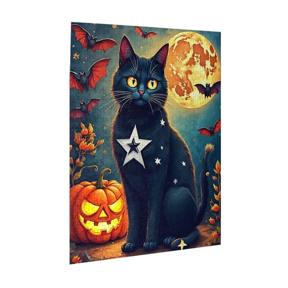 Black Cat Halloween Jigsaw Puzzles 500 Pieces for Adults Magic Cat Pumpkin Puzzle for Adults with Letters on Back Hard Impossible Difficult Challenging Family Puzzle