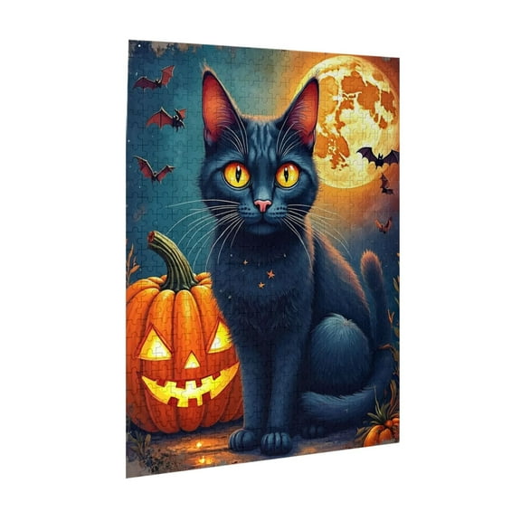 Black Cat Halloween Jigsaw Puzzles 500 Pieces for Adults Magic Cat Pumpkin Puzzle for Adults with Letters on Back Hard Impossible Difficult Challenging Family Puzzle