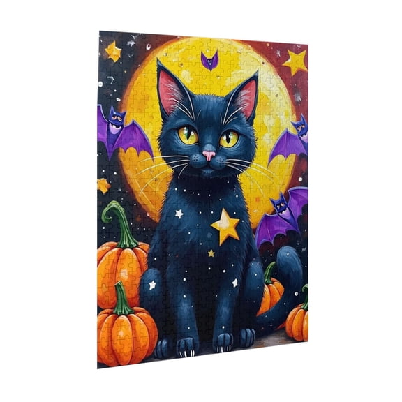 Black Cat Halloween Jigsaw Puzzles 500 Pieces for Adults Magic Cat Pumpkin Puzzle for Adults with Letters on Back Hard Impossible Difficult Challenging Family Puzzle