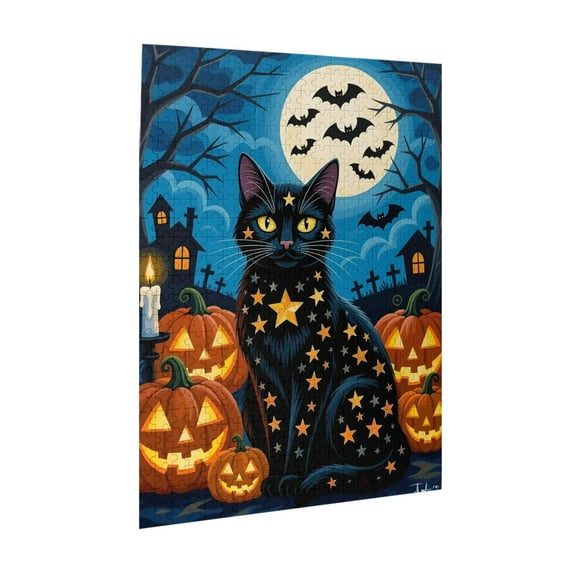 Black Cat Halloween Jigsaw Puzzles 500 Pieces for Adults Magic Cat Pumpkin Puzzle for Adults with Letters on Back Hard Impossible Difficult Challenging Family Puzzle