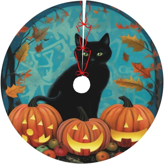Black Cat Halloween Maples Christmas Tree Skirts 48", Xmas Tree Cloth Mats Trees Skirts for Decor Gift, Home Decoration