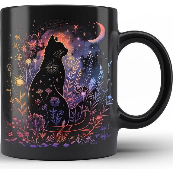 Black Cat Halloween Mug – Cute Floral Coffee Cup Gift for Cat Lovers, Women, Cat Moms – 15oz