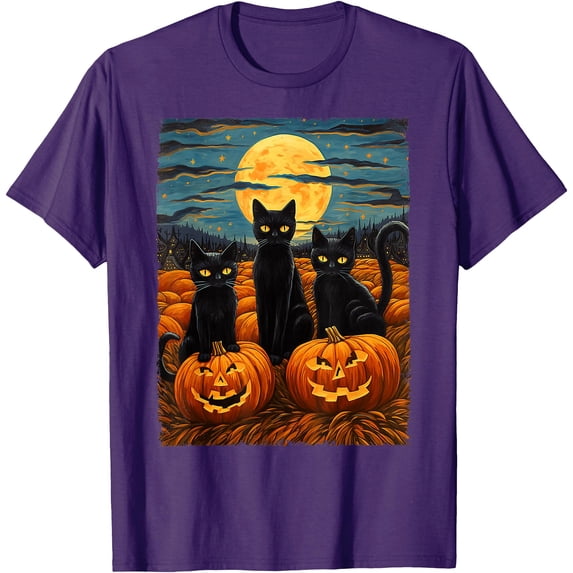 Black Cat Halloween Night Unisex T-Shirt for Men Women Kids Toddler,Purple Color,Size 5XL