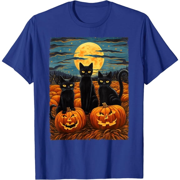 Black Cat Halloween Night Unisex T-Shirt for Men Women Kids Toddler,Royal Blue Color,Size 2T