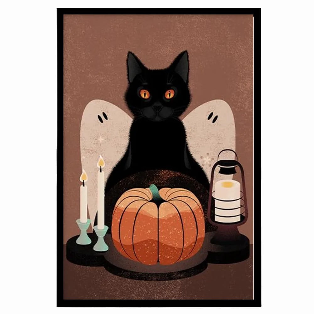 Black Cat Halloween Poster, Retro Pumpkin Wall Art, Spooky Vintage ...