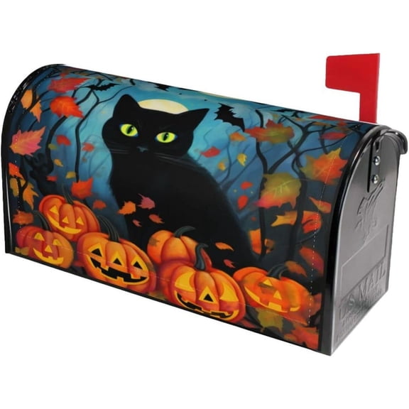Black Cat Halloween Pumpkin Mailbox Covers, Magnetic Post Box Cover Wraps Standard Size 21x18 Inches for Garden Yard Decor