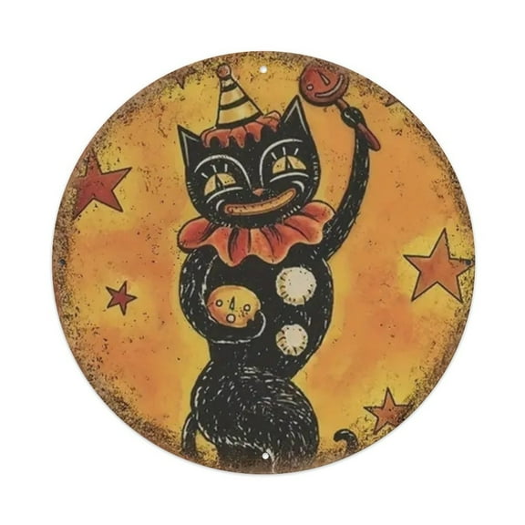 Black Cat Halloween Round Tin Sign Vintage Metal Sign Office Living Room Bar Coffee Wall Art Decor 8x8inch