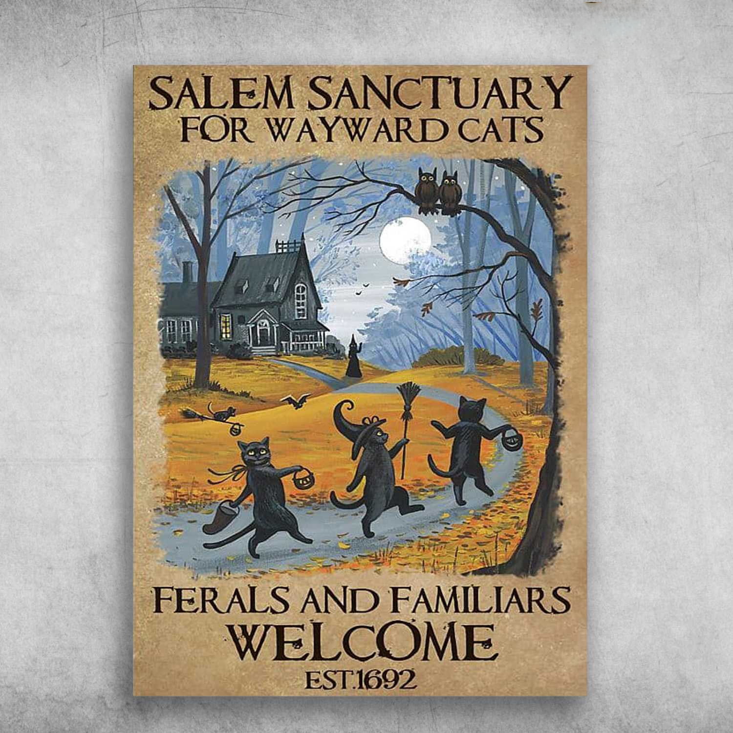 Targhetta In Metallo Grindstore Salem Sanctuary For Wayward Cats | 15x20cm Con Luna E Gatto - 3