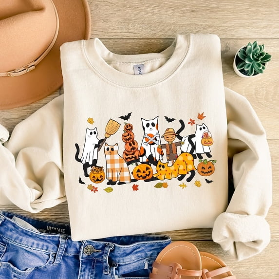Black Cat Halloween Sweatshirt, Ghost Cat Sweatshirt, Halloween Sweatshirt, Halloween Cat Shirt, Fall Sweatshirt, Retro Halloween Sweatshirt,Spooky Season Sweatshirt,Funny Halloween