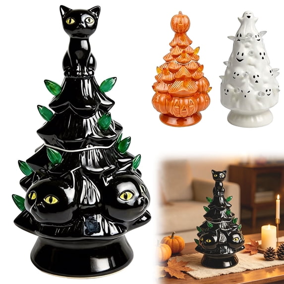 Black Cat Halloween Tree Lamp, Spooky Cat Face Glowing Night Light, Battery Operated Resin Figurine Decor for Fall Home & Party