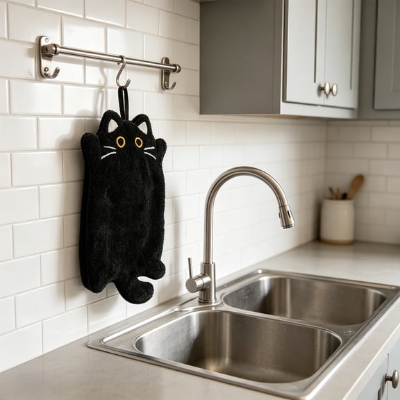 Black Cat Hand Towels Set of 3, Absorbent Velvet Velour Polyester Kitchen Towels 11x7 Inches with Hanging Loop for Bathroom and Home Decor