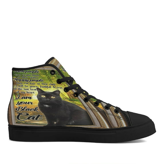 Black Cat Happy People Have Cat Hair On Their cloth High Top Canvas Shoes Sneakers Black Size 5