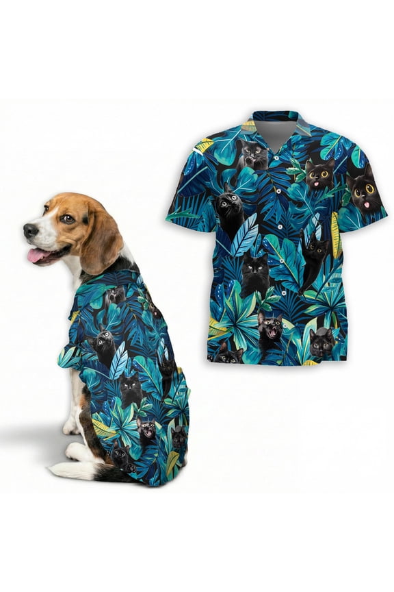 Black Cat Hawaiian Shirt, Tropical Leaves Cat Print Aloha Button Down Shirt for Men or Unisex, Short Sleeve Summer Shirt, Cat Lover Gift