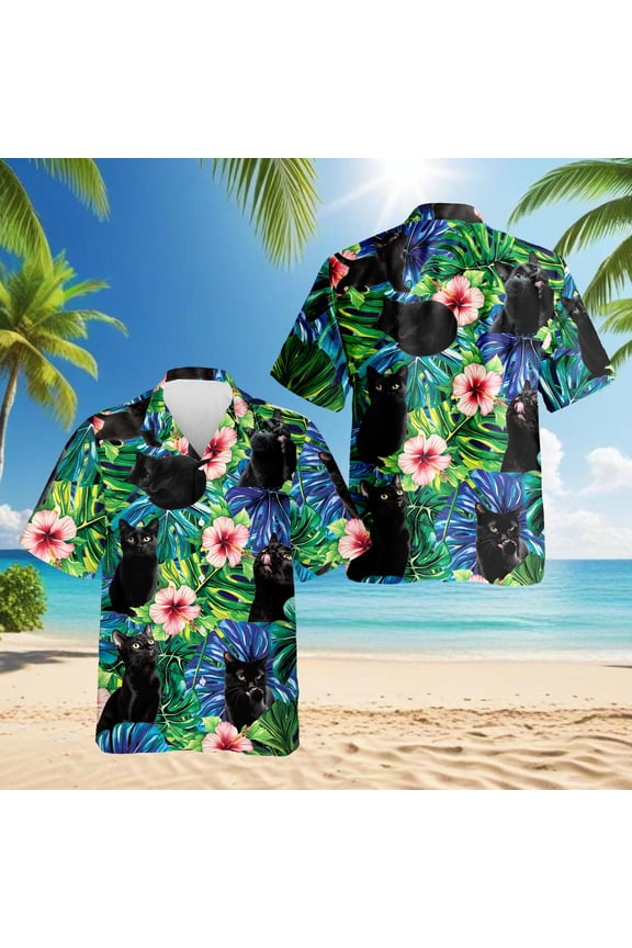 Black Cat Hawaiian Shirt for Men, Tropical Style,Button Down Summer Beach Short Sleeve, Sizes S-5XL