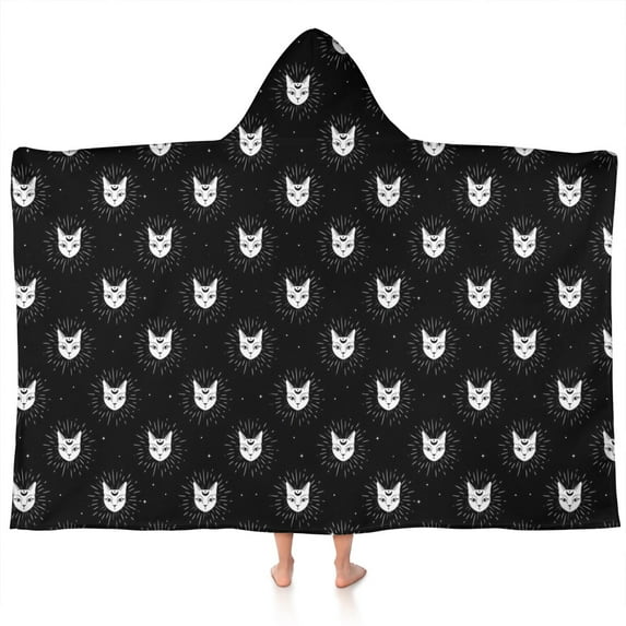 Black Cat Head Pattern Hooded Bath Towel,60"x35" for Ages 3 To 12 Kids, Quick Dry Lightweight Soft Microfiber Hood Beach Towel Cover Up for Kids
