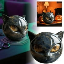Black Cat Head Stone Sculpture, Elegant Desktop Ornament Resin Decorative Figurine with Handcrafted Gold Eyes and Smooth Polished Texture, Gifts for Cat Lovers Women Men