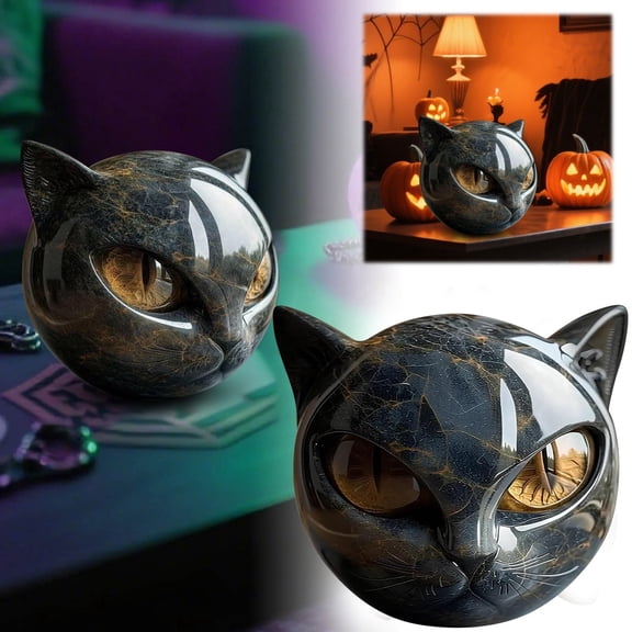 Black Cat Head Stone Sculpture, Elegant Desktop Ornament Resin Decorative Figurine with Handcrafted Gold Eyes and Smooth Polished Texture, Gifts for Cat Lovers Women Men