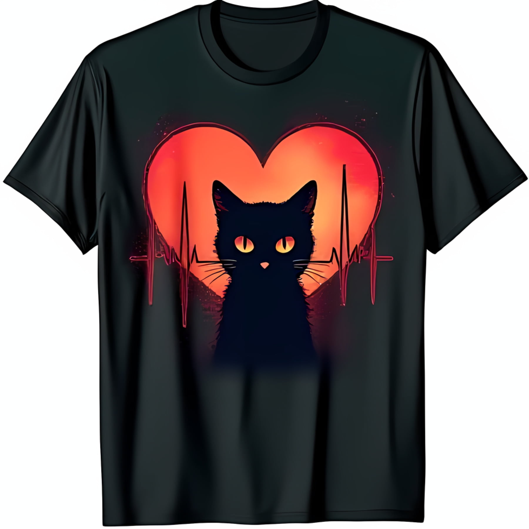Black Cat Heartbeat TShirt Bold Graphic Design with ECG Line & Heart