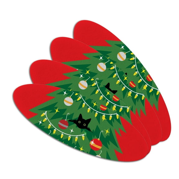 Black Cat Hiding in Christmas Tree Double-Sided Oval Nail File Emery Board Set 4 Pack