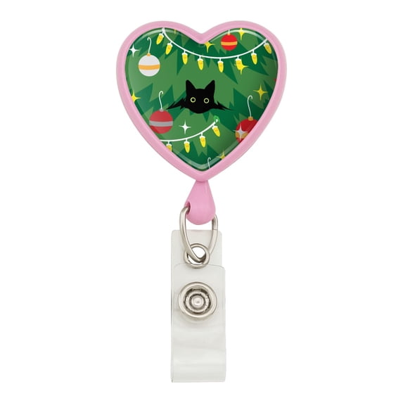 Black Cat Hiding in Christmas Tree Heart Lanyard Retractable Reel Badge ID Card Holder