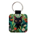 thumbnail image 1 of Black Cat Hiding in Flower Garden Faux Leather Square Keychain, 1 of 7