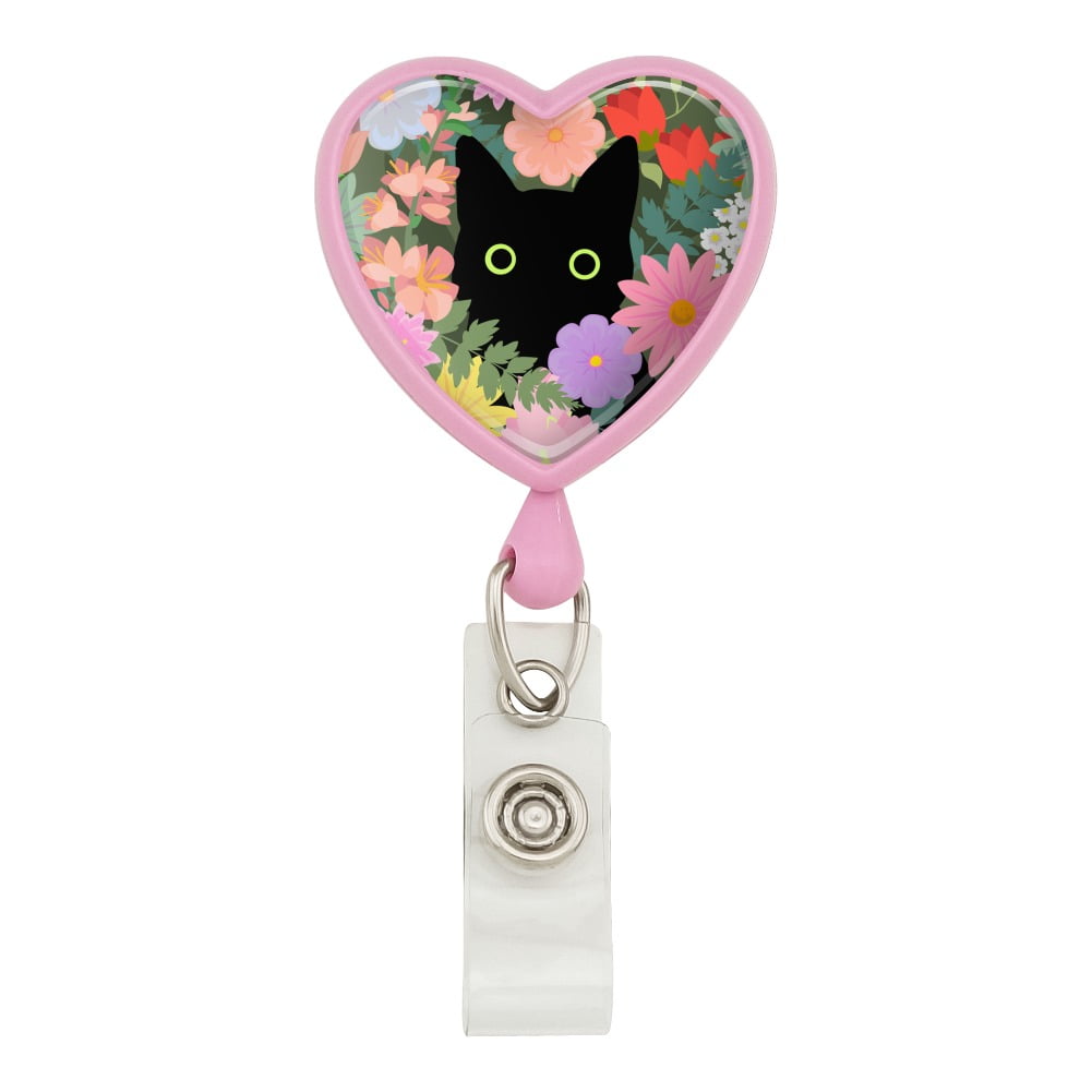 Black Cat Hiding in Spring Flowers Heart Lanyard Retractable Reel Badge