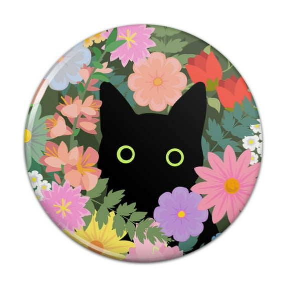 Black Cat Hiding in Spring Flowers Pinback Button Pin