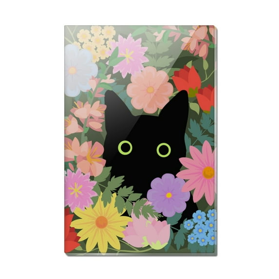 Black Cat Hiding in Spring Flowers Rectangle Acrylic Fridge Refrigerator Magnet