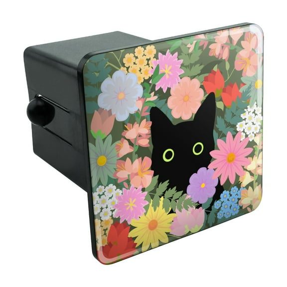 Black Cat Hiding in Spring Flowers Tow Trailer Hitch Cover Plug Insert