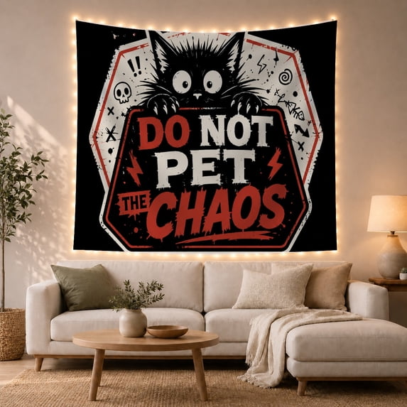 Black Cat in High Contrast Hexagon with Doodles Against Black Background, Spooky Gothic for Cat Lovers, Cute Animal Wall Art, Halloween Gift, Tapestry Wall Hanging for Dorm and Office