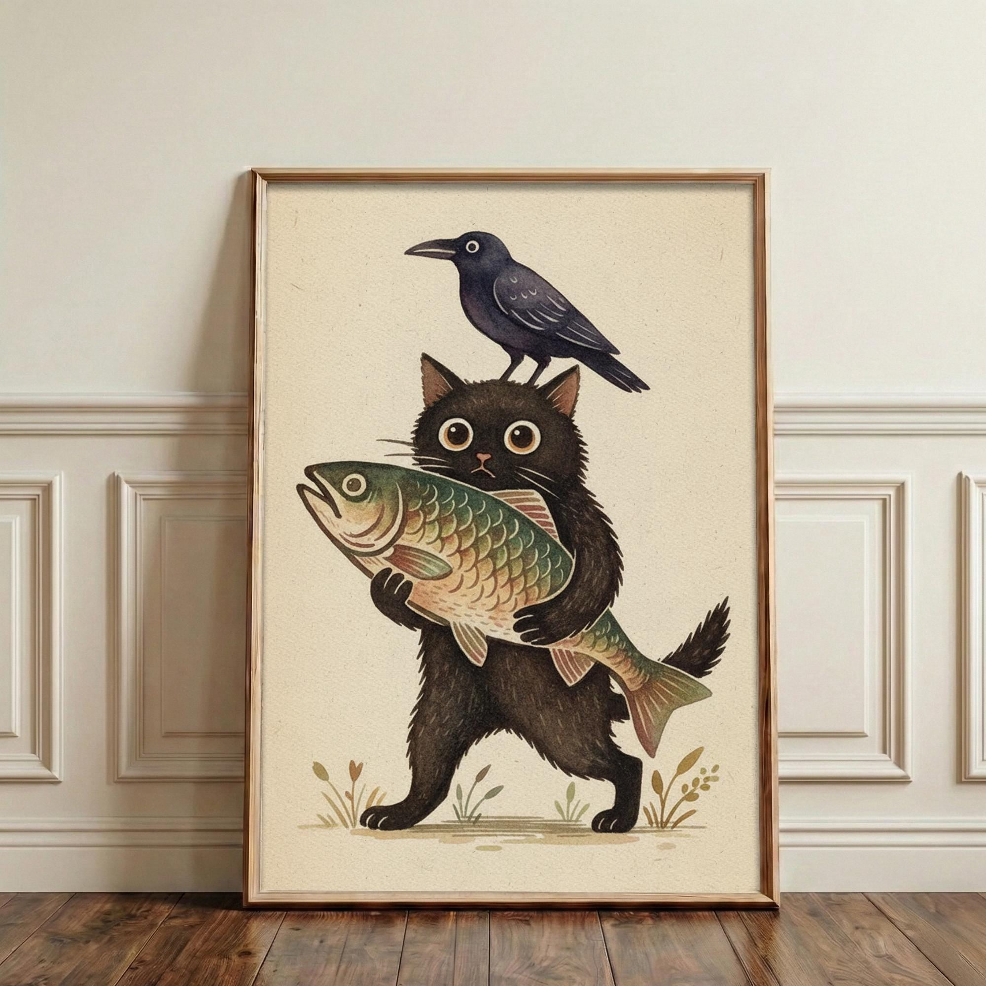 Black Cat Holding Fish Poster Whimsical Storybook Style Crow Companion ...