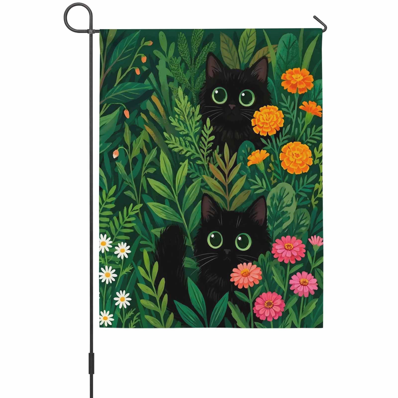 Black Cat House Flag 28 x 40 Inches, Pink Orange Flower Green Grass Spring Daisy Floral Weather Proof Outdoor Patio Flags Double Sided Small House Decoration for Yard Lawn Outside Home