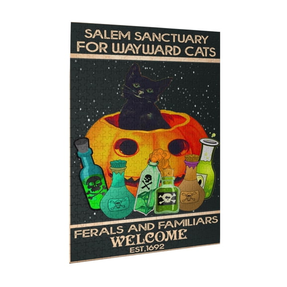 Black Cat Humane Society Placing Familiar 1692 Halloween Poster, Salem Cat Halloween Art, Halloween Poster Witch & Cat Print, Witch Cat,Jigsaw Puzzle 1000 Puzzle Pieces,Puzzle Enthusiasts