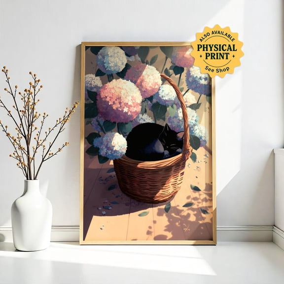 Black Cat Hydrangea Print, Retro Floral Cat Art Home Decor #2024, 8x12 UNFRAMED