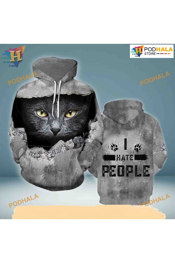 Black Cat I Hate People All Over Printed 3D Hoodie T-Shirt